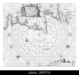 Carte passeport d'une section de la côte nord-est de l'Écosse et des îles Orcades, avec deux roses à boussole, le nord est sur la droite. Banque D'Images