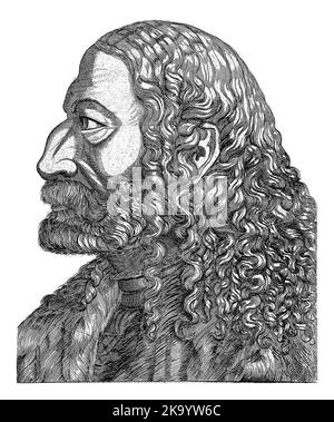 Portrait et profil d'Albrecht Durer. En bas d'une note avec un texte de cinq lignes en latin. Banque D'Images