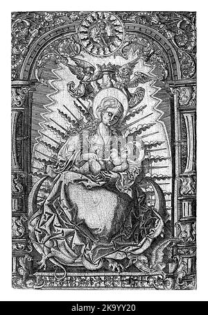 Marie avec l'enfant Christ sur ses genoux, assise sur le croissant de lune, piétinant le dragon sous ses pieds. Un cadre décoratif autour de la scène. Banque D'Images