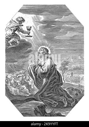 Christ dans le jardin de Gethsémané, Cornelis Galle (I), 1586 - 1650 juste avant sa capture, Christ prie pour aide dans le jardin de Gethsémané. Un ang Banque D'Images