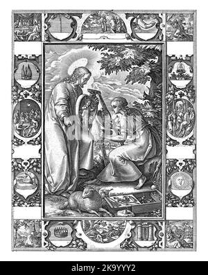 Une femme est assise derrière un chevalet et peint l'enfant Christ dans un cœur après l'exemple que Christ lui présente. Banque D'Images