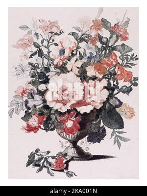 Vase en pierre avec fleurs, anonyme, d'après Jean Baptiste Monnoyer, 1688 - 1698 vase en pierre avec fleurs. À côté du vase une branche avec une fleur. Banque D'Images