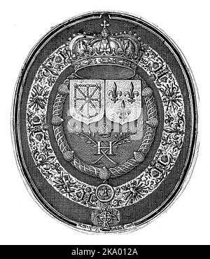 Médaillon aux armoiries de France et de Navarre. Sur l'inverse de la médaille, le double portrait d'Henry IV et de Maria de' Medici. Banque D'Images