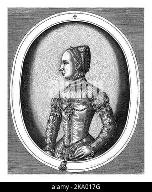 Portrait de Mary I Stuart, reine d'Écosse, demi-longueur à gauche dans un cadre ovale avec des caractères de bord en latin. Banque D'Images