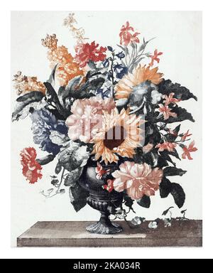 Vase en pierre avec tournesols et œillets, anonyme, d'après Jean Baptiste Monnoyer, 1688 - 1698, gravé d'époque. Banque D'Images