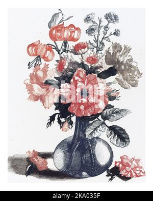 Cinq tirages de fleurs dans des vases en verre, anonymes, d'après Jean Baptiste Monnoyer, 1688 - 1698, gravés d'époque. Banque D'Images
