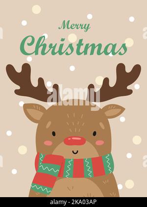 Illustration d'un joli cerf avec un nez rouge dans un foulard rayé. Carte de Noël vectorielle. Illustration de Vecteur
