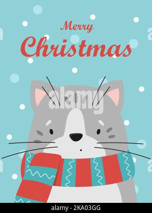Illustration d'un joli chat gris dans un foulard rayé. Carte de Noël vectorielle. Illustration de Vecteur