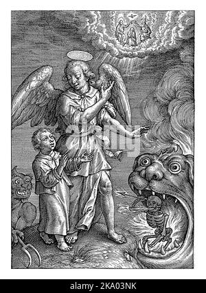 Enfant avec ange gardien, Hieronymus Wierix, 1563 -1619 Un enfant est protégé du diable et de la mort par son ange gardien. L'ange pointe le chi Banque D'Images