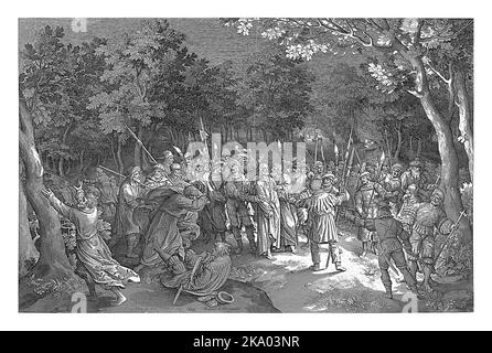 Baiser de Judas et arrestation du Christ, Nicolaes de Bruyn, 1612 Christ et ses disciples dans le jardin de Gethsémané. Judas embrasse le Christ sur la joue. TH Banque D'Images