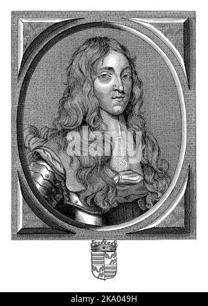 Portrait de Ferdinand Gaston Lamoral de Croy, comte de Roeulx. Son blason est au centre inférieur de la marge. Banque D'Images