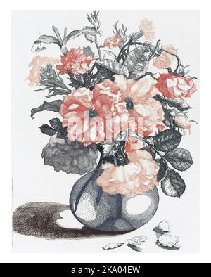 Cinq tirages de fleurs dans des vases en verre, anonymes, d'après Jean Baptiste Monnoyer, 1688 - 1698 vase en verre avec fleurs. À côté du vase quelques pétales. Banque D'Images