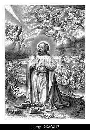 Saint François Xavier, un missionnaire jésuite espagnol, est à genoux sur l'herbe. Il regarde un ange sur un nuage. Les anges lui apportent une couronne et un palmier Banque D'Images