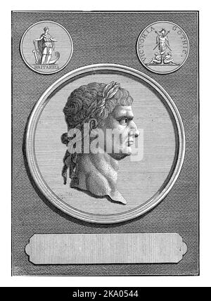 Médaille au portrait de Claudius I (Tiberius Claudius Drusus Caesar), empereur romain. Pièces de monnaie romaines dans les coins supérieurs. Banque D'Images