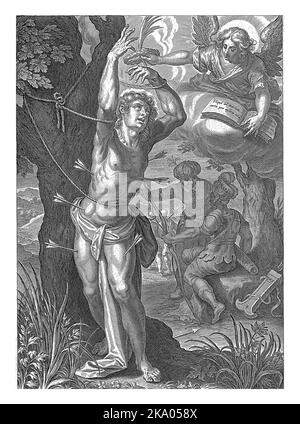 Torture de Saint-Sébastien, Cornelis Galle, après Hendrik van Balen,1586 -1654 Saint-Sébastien attaché à un arbre, son corps percé de flèches. À l'arrière Banque D'Images