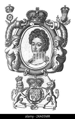 Portrait de Marie II dans un ovale ornementé. Son nom et son titre sur un piédestal. Banque D'Images