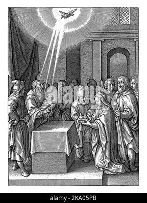 Présentation dans le Temple, Hieronymus Wierix, 1563 - avant 1619 le souverain sacrificateur Simeon tient dans ses bras l'enfant Christ, qui a été porté à t Banque D'Images