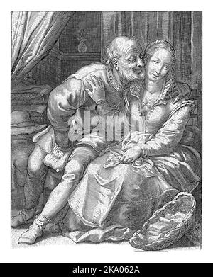 L'Amour inégal, Jacob Goltzius (II), d'après Hendrick Goltzius, 1584 - 1630 un vieil homme s'assoit sur une chaise et se sent dans son sac à main. À côté de lui une jeune femme o Banque D'Images