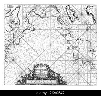 Carte nautique d'une partie de la mer Méditerranée avec la côte sud de l'Italie et de la Sicile et une partie de la côte ouest de la Grèce, avec trois cartes intégrées Banque D'Images