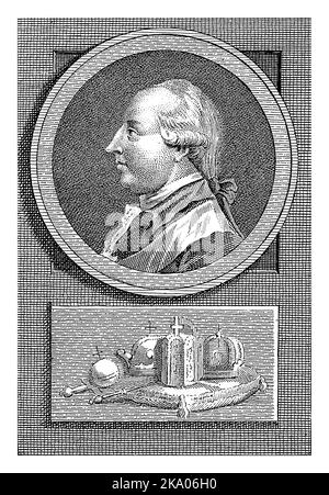 Portrait de François II Josef Karel, empereur romain-allemand. Au-dessous du portrait, trois couronnes, un sceptre et un orbe sur un coussin. Banque D'Images