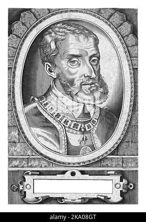 Buste de Charles V de Habsbourg, empereur allemand, roi d'Espagne, face à droite dans un cadre ovale avec des caractères de bord en latin. En dessous d'un portrait, une plaque wi Banque D'Images