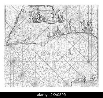 Carte de la mer d'une partie de la côte sud du Portugal et de l'Espagne avec l'Algarve et l'Andalousie, avec deux roses de boussole, le nord est au sommet. Banque D'Images