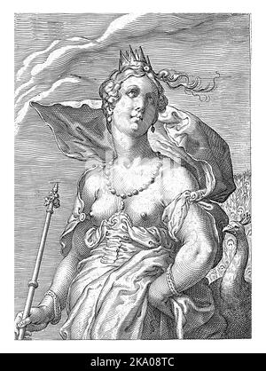 La déesse Juno, avec une couronne sur sa tête. À côté d'elle un paon, son attribut. Banque D'Images