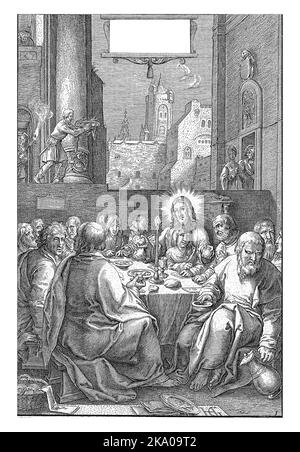 Christ et ses disciples utilisent la Cène dans un cadre architectural. Cet imprimé fait partie d'une série de douze scènes de passion. Banque D'Images