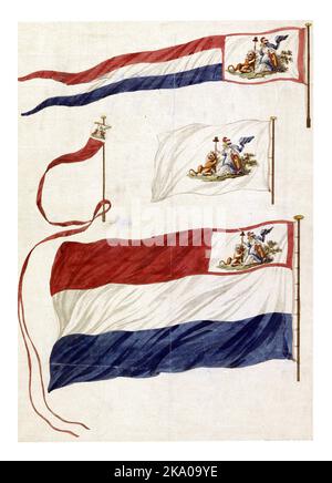 Drapeaux de la Marine de la République de Batavian, 1796, Hendrik Roosing, 1796 quatre variantes du nouveau drapeau de la Marine de la République de Batavian, introduit Banque D'Images