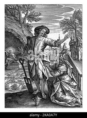 Après la rébellion, Christ apparaît comme jardinier de Marie-Madeleine. Elle s'agenouille devant Christ dans un jardin. Banque D'Images
