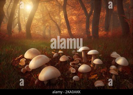 Une pile de feuilles tombées sur le sol dans une forêt d'automne. Un groupe de champignons dans le sous-pinceau d'un bois mort. Couleurs d'automne éclatantes, le Banque D'Images