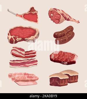 huit coupes de viande différentes Illustration de Vecteur