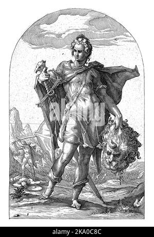 David avec une épée et la tête de Goliath. En arrière-plan, la scène où il se hisse de la tête de Goliath. Banque D'Images