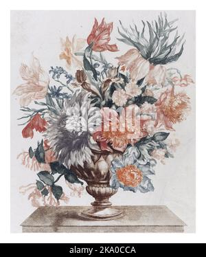 Vase en pierre avec fleurs sur un plateau, anonyme, d'après Jean Baptiste Monnoyer, 1688 - 1698, gravé d'époque. Banque D'Images