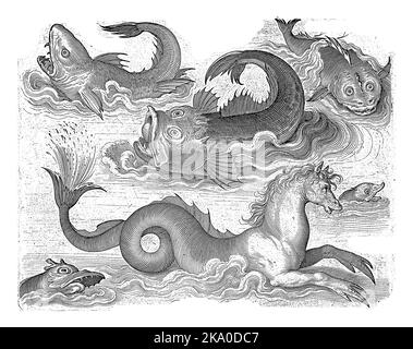 Animaux aquatiques fantastiques, y compris hippocampe avec inscriptions en latin et néerlandais identifiant les animaux. Banque D'Images