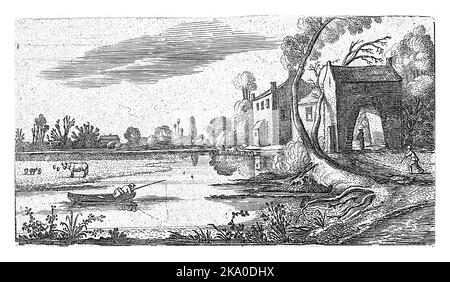 Paysage avec une rivière et Gatehouse, Esaias van de Velde, 1613 - 1617 Banque D'Images