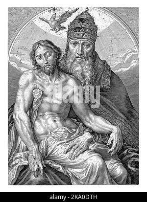 Sainte Trinité, Jacob Matham, d'après Maarten van Heemskerck, 1602 Dieu le Père avec une tiara sur sa tête, avec Christ sur ses genoux avec les stigmates. Abov Banque D'Images