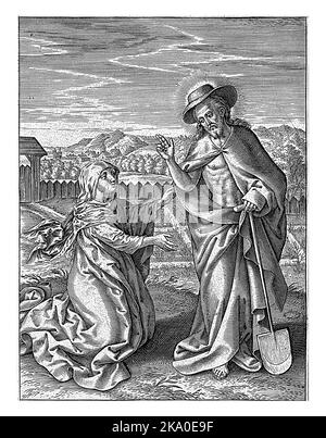 Le Christ apparaît comme un jardinier de Marie Magdalene, Hieronymus Wierix, après Maerten de Vos, 1563 - avant 1586 après la rébellion, le Christ apparaît comme un g Banque D'Images