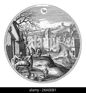 Décembre, Adriaen Collaert, d'après Hans bol, 1578 - 1582 cadre rond avec un paysage d'hiver avec des scènes d'hiver. Décembre est le mois de l'abattage. Banque D'Images