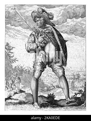 Un soldat avec une épée dans la main droite et un bouclier dans la main gauche, pleine longueur. En arrière-plan un paysage vallonné dans lequel une troupe de soldats Banque D'Images