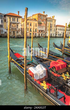 Gondoles dans le Grand Canal quai de pieu au coucher du soleil doré, Venise, Italie Banque D'Images