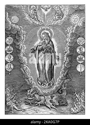 La Vierge Marie flanquée de symboles de la litanie Laureta, Hieronymus Wierix, 1563 - 1619 Marie se dresse sur le croissant de lune dans un mandorle. Elle porte un cr Banque D'Images