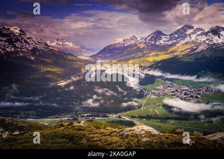 Celerina an Engadine Lakes, St Moritz, Silvaplana et Maloja de Muottas Muragl Banque D'Images