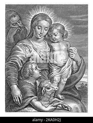 Sainte famille avec Jean-Baptiste et Agneau, Schelte Adamsz. Bolswert, d'après Peter Paul Rubens, 1596 - 1659 Banque D'Images