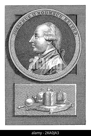 Portrait de François II Josef Karel, empereur romain-allemand. Au-dessous du portrait, trois couronnes, un sceptre et un orbe sur un coussin. Banque D'Images