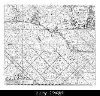 Carte de la mer d'une partie de la côte sud du Portugal, avec deux roses de compas, le nord est sur la gauche. En haut à droite une cartouche avec le titre et l'adresse de TH Banque D'Images