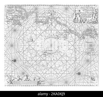 Carte passeport d'une partie de l'océan Atlantique avec la côte ouest de l'Europe et une partie de l'Afrique, avec deux roses à boussole, le Nord est à gauche. Banque D'Images