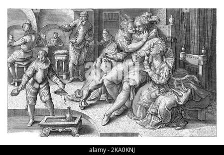 Un homme riche est assis dans un bar avec deux filles décontractées à côté de lui. Deux chiens sautent sur sa jambe. Un serviteur apporte du vin et un autre apporte de la nourriture. Banque D'Images