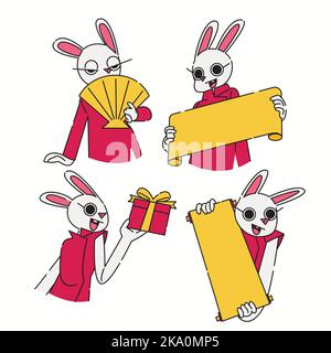 lapin chinois du nouvel an tenant une bannière et donnant des cadeaux dans le design plat Illustration de Vecteur