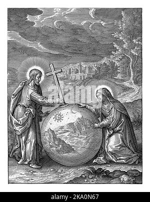 Christ et Marie par une Orbe dans un paysage, Hieronymus Wierix, d'après Hendrik van Balen, 1563 - avant 1619 Paysage avec Christ comme Salvator Mundi et t Banque D'Images